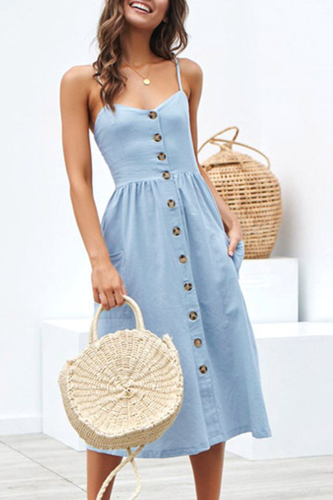 Sweet Dot Solid Pocket Buckle Spaghetti Strap A Line Dresses