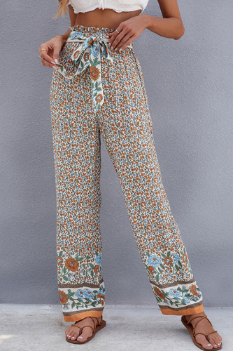 Casual Floral With Belt Straight High Waist Wide Leg Full Print Bottoms