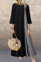 Fashion Vintage Plaid Split Joint O Neck A Line Plus Size Dresses