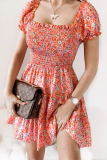 Fashion Floral Patchwork Stringy Selvedge Square Collar Waist Skirt Dresses