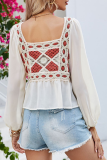 Casual Embroidery Lace Patchwork Square Collar Tops