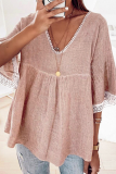 Casual Lace Patchwork V Neck T-Shirts