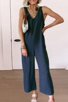 Casual Solid Split Joint V Neck Straight Jumpsuits
