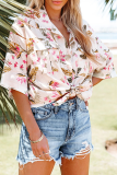 Fashion Casual Floral Pocket Buckle Shirt Collar Tops