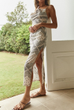 Fashion Elegant Print Backless Slit Dresses