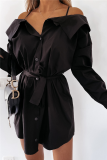 Fashion Street Solid Buckle With Belt Off the Shoulder Irregular Dress Dresses