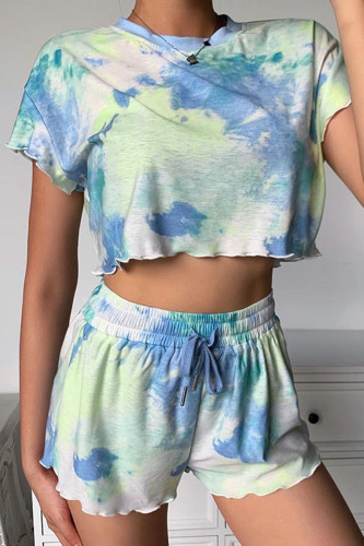 Fashion Living Tie Dye Split Joint O Neck Short Sleeve Two Pieces