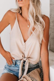 Sexy Solid Buckle Knotted V Neck T-Shirts