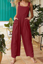 Casual Solid Pocket Buttons Square Collar Jumpsuits