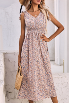 Sweet Floral Split Joint Strap Design V Neck Waist Skirt Dresses
