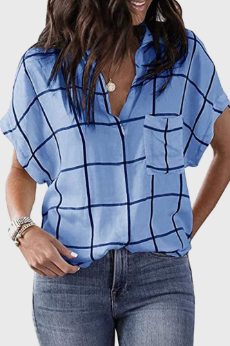 Casual Striped Split Joint Pocket Turndown Collar Tops