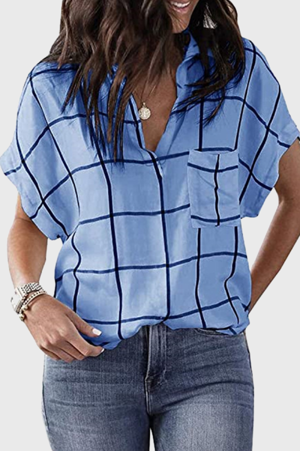 Casual Striped Patchwork Pocket Turndown Collar Tops