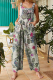 Casual Print Pocket Buttons Square Collar Straight Jumpsuits