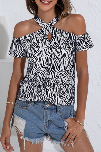 Fashion Elegant Animal Print Print Hollowed Out Split Joint Halter T-Shirts