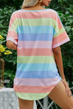 Fashion Casual Striped Split Joint O Neck T-Shirts