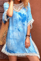Casual Tie Dye Lace Hollowed Out O Neck A Line Dresses