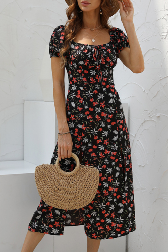 Fashion Elegant Floral Split Joint Slit Square Collar A Line Dresses