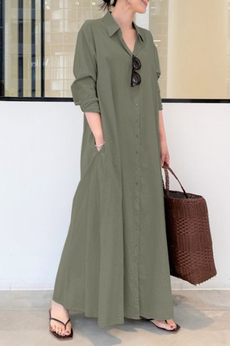 Casual Solid Pocket Buckle Turndown Collar Shirt Dress Dresses