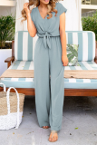 Casual Solid With Belt V Neck Straight Jumpsuits