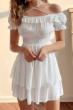 Elegant Solid Frenulum Flounce Off the Shoulder Waist Skirt Dresses