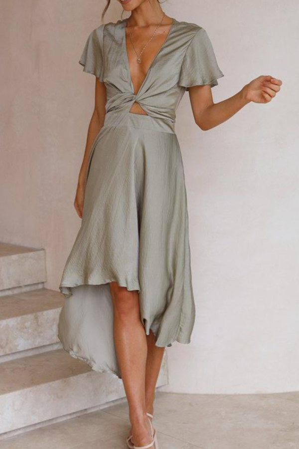 Fashion Elegant Solid Knotted With Belt V Neck Irregular Dress Dresses