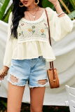 Sweet Patchwork Embroidered Hollowed Out O Neck Tops