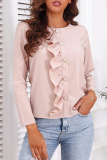 Casual Elegant Solid Buckle Flounce O Neck Tops