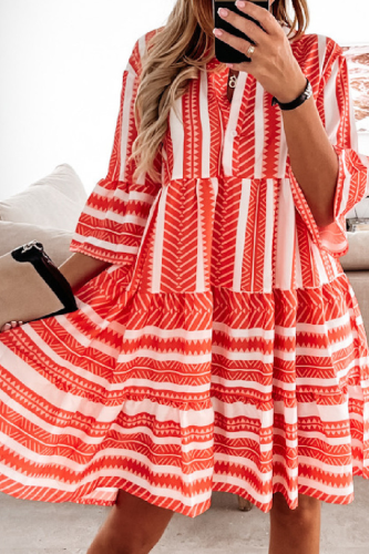 Fashion Elegant Print Buttons Without Belt V Neck Princess Dresses