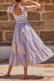  Vacation Striped Patchwork Strap Design Strapless Cake Skirt Dresses