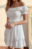 Elegant Solid Frenulum Flounce Off the Shoulder Waist Skirt Dresses