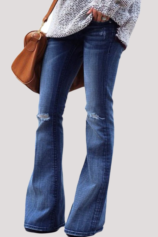 Casual Solid Frenulum Mid Waist Boot Cut Denim Jeans