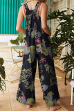 Casual Print Pocket Buttons Square Collar Straight Jumpsuits