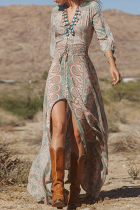 Bohemian Print Frenulum Slit V Neck A Line Dresses