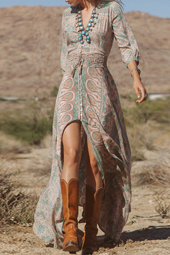 Bohemian Print Frenulum Slit V Neck A Line Dresses