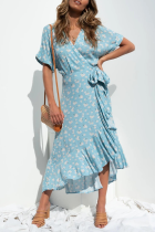 Sweet Floral Flounce Slit V Neck Irregular Dress Dresses