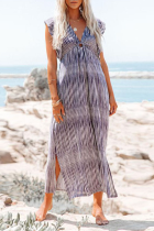 Casual Striped Hollowed Out Slit V Neck A Line Dresses