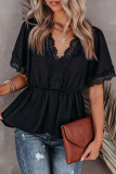 Fashion Elegant Solid Lace Hollowed Out Frenulum V Neck Tops