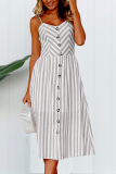Casual Striped Patchwork Solid Pocket Buckle Waist Skirt Dresses