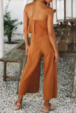 Fashion Street Solid Patchwork Strapless Loose Jumpsuits