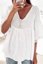 Casual Lace Split Joint V Neck T-Shirts