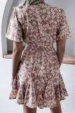 Fashion Casual Print Split Joint V Neck Waist Skirt Dresses