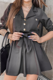 Fashion Elegant Solid Buckle Strap Design Turn-back Collar A Line Dresses