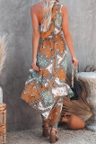 Elegant Print Frenulum Flounce Oblique Collar Irregular Dress Dresses