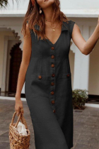 Casual Solid Pocket Buckle Turndown Collar A Line Dresses