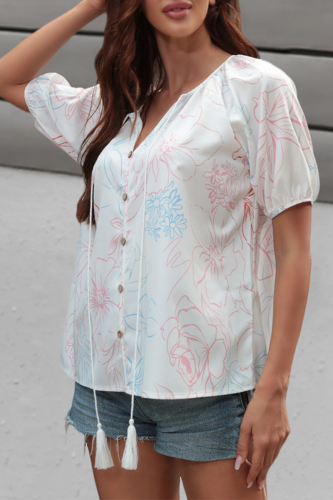 Casual Floral Frenulum Buckle V Neck T-Shirts