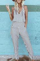 Fashion Sweet Striped Knotted V Neck Regular Jumpsuits