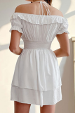 Elegant Solid Frenulum Flounce Off the Shoulder Waist Skirt Dresses