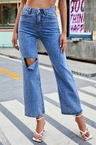 Street Solid Ripped Straight Wide Leg Solid Color Bottoms