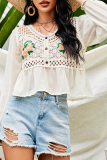 Casual Embroidery Lace Hollowed Out V Neck Tops