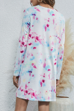 Casual Tie Dye Patchwork Fold O Neck Long Sleeve Dresses